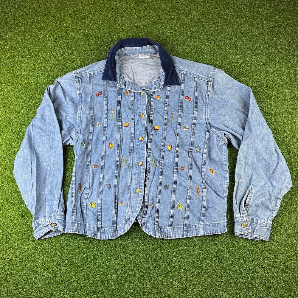 Vintage Cascade Blues Embroidered Denim Jacket Fall Floral Button Up Shirt L